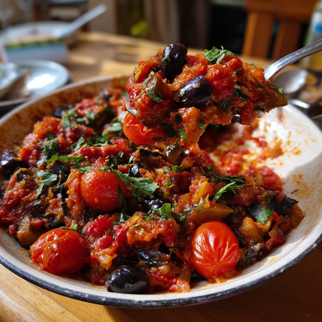 Auberginenpfanne mit Tomaten und Oliven